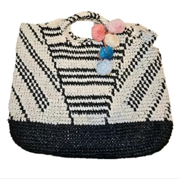 Billabong Talk to The Palm Black Striped Pompom Woven Tote Boho Beach Bag - Picture 4 of 13